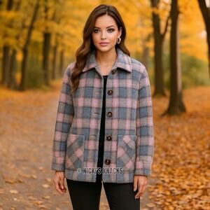 Cyrus Faux Fur Plaid Fuzzy Button Front Shacket Jacket Pink Gray Blue Size S